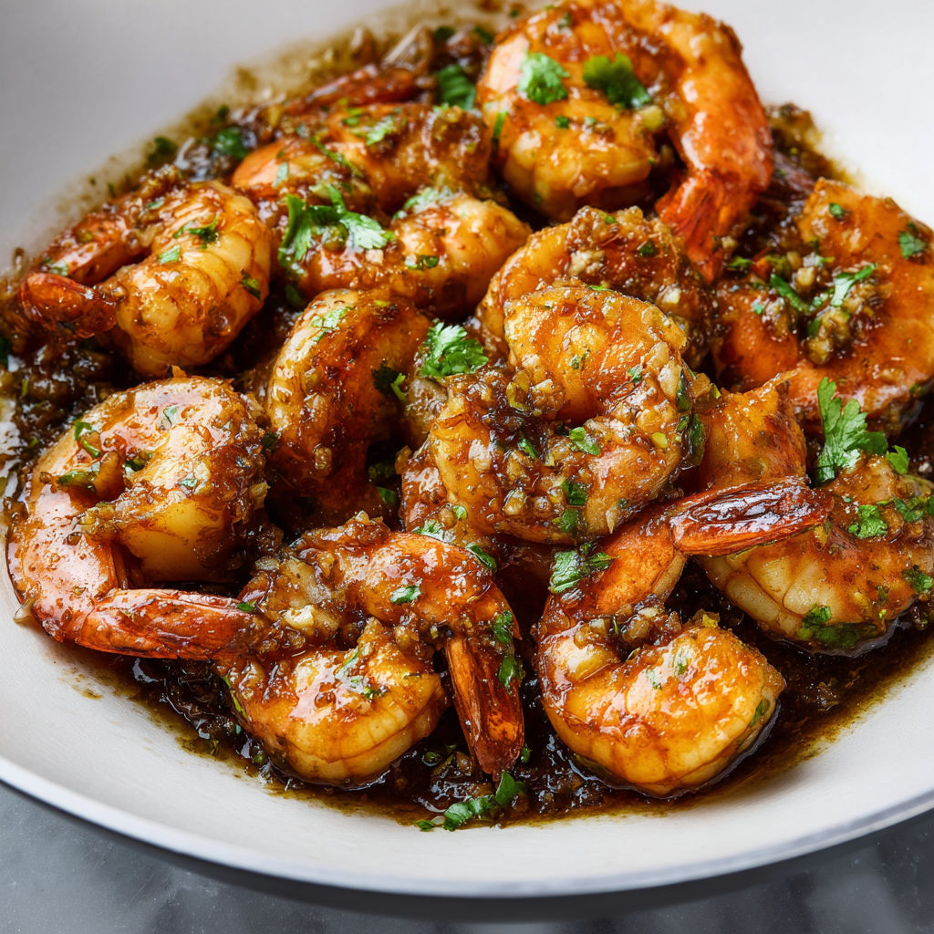 Une assiette généreuse de crevettes aromatisées, servie avec des herbes et épices.