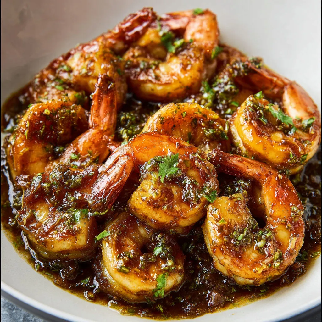 Crevettes sautées dans une sauce parfumée à la coriandre servies à l’assiette.