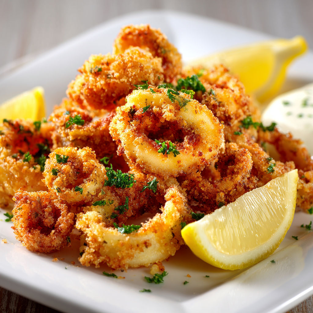 Un plat alléchant de calmars croustillants avec une cuillère de citron frais.