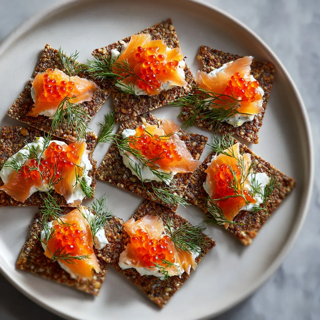 Crackers de crêpes dorées garnis de flétan fumé, crème au citron et oeufs de saumon.
