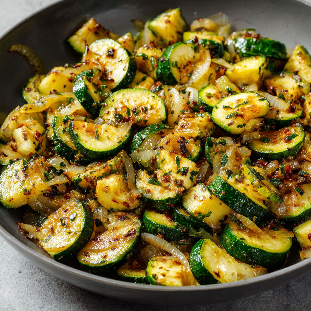 Des courgettes dorées servies avec des oignons et herbes sur une assiette.