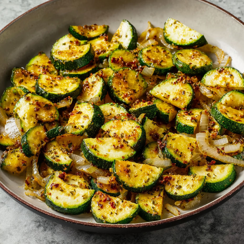 Poêlée bien fondante de courgettes avec oignon et huile d’olive.
