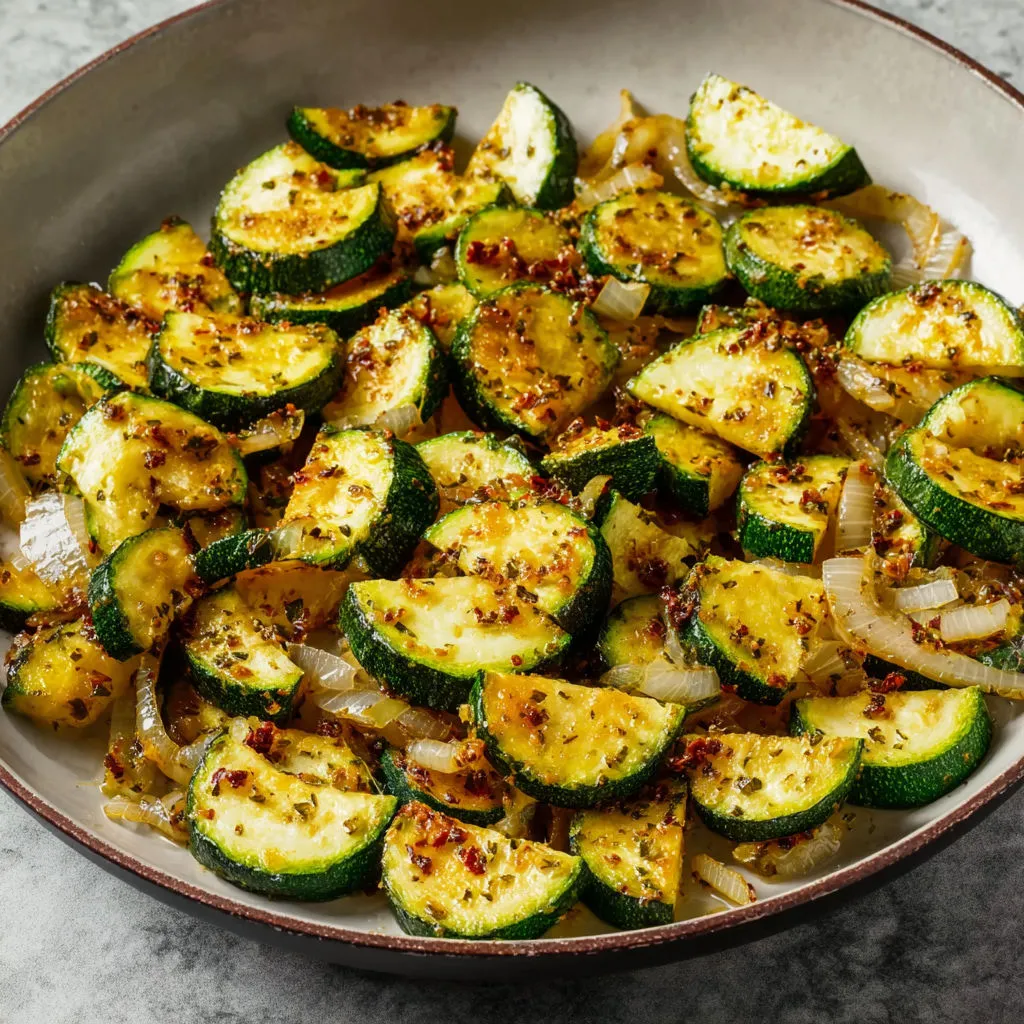 Poêlée bien fondante de courgettes avec oignon et huile d’olive.