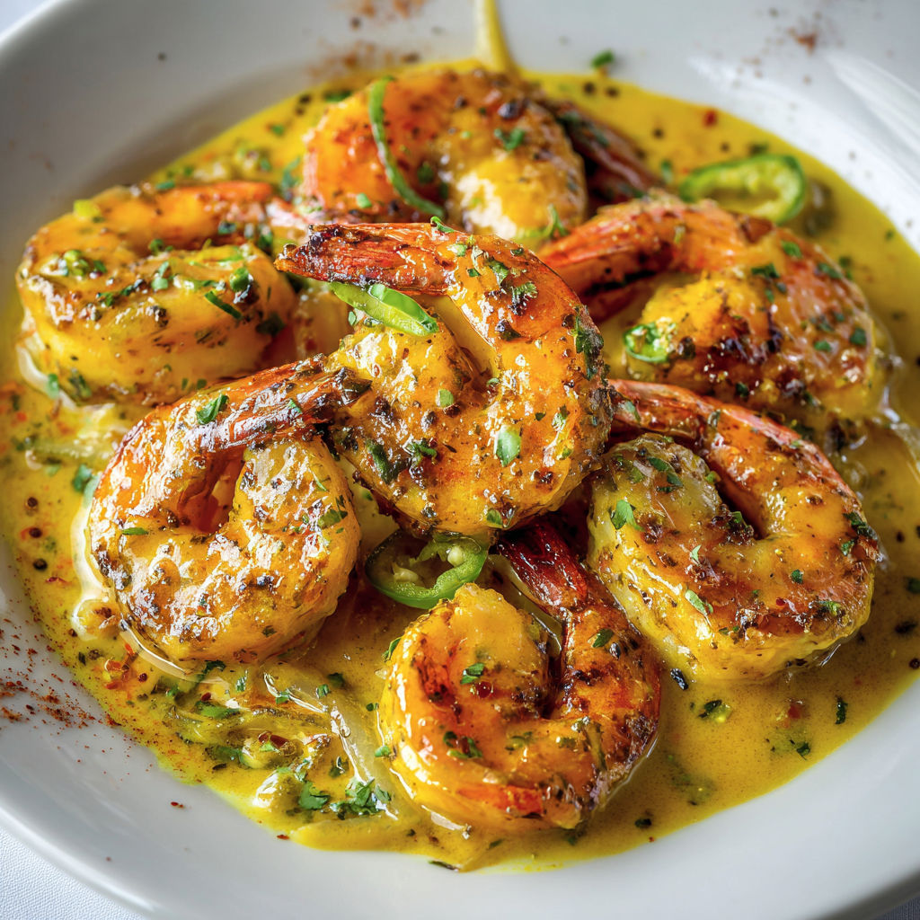 Crevettes sautées dans une sauce moutarde, accompagnées de légumes sur une table.