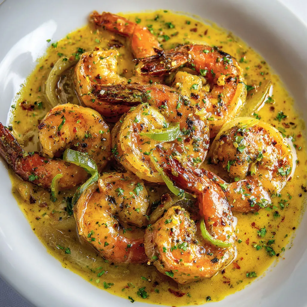 Crevettes dorées à la moutarde de Dijon, sauce crémeuse au vin blanc et pointe de citron.