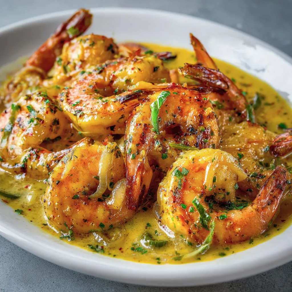 Crevettes poêlées à la moutarde, ail, piment, sauce onctueuse au vin blanc.