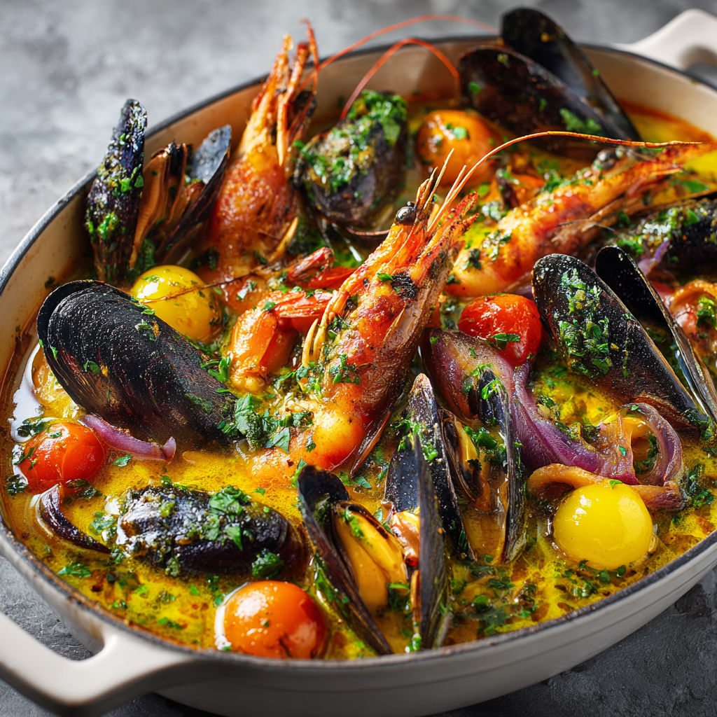 Plat coloré de fruits de mer au safran, servi dans un bol rustique en terre cuite.
