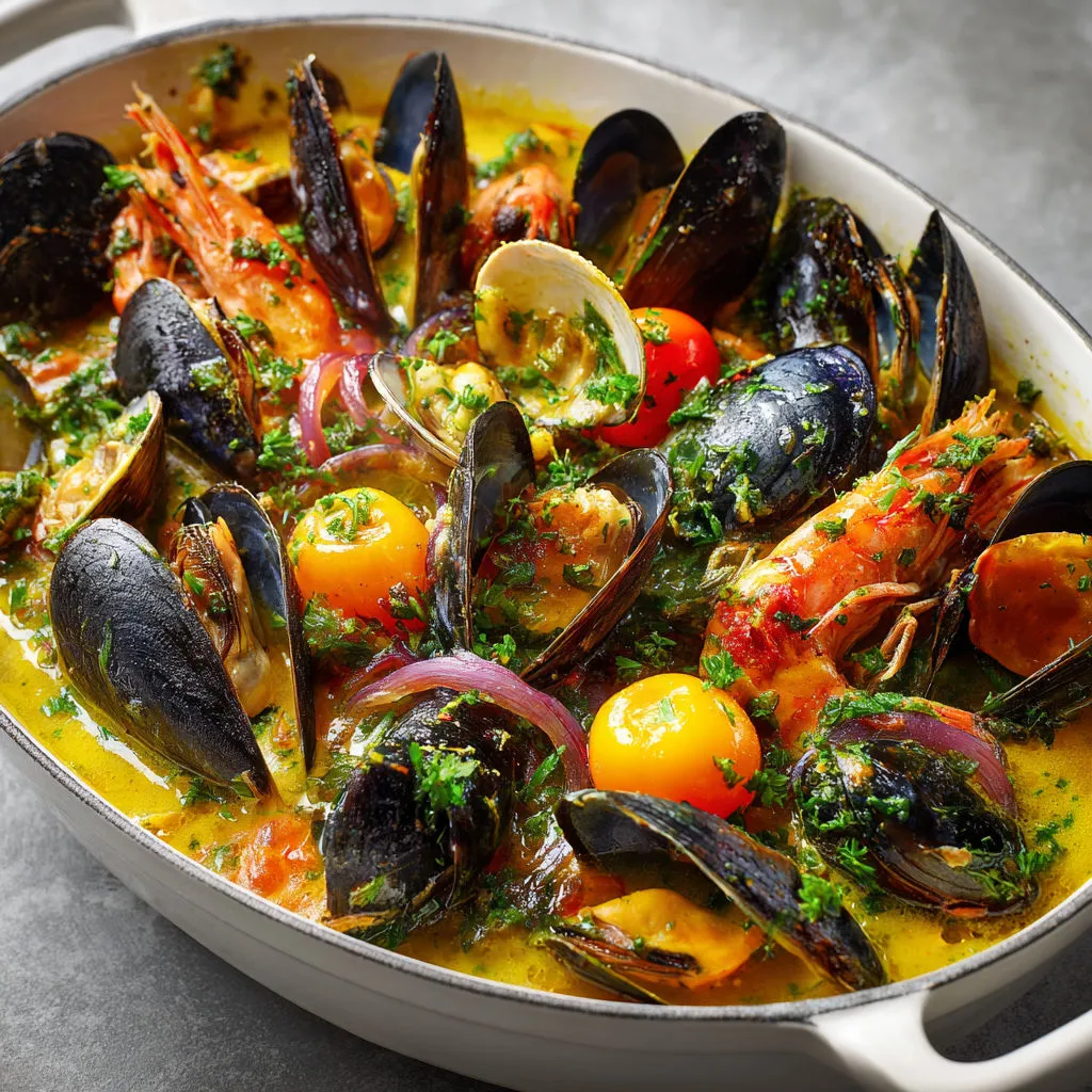 Plat de fruits de mer au safran dans un bouillon parfumé et ses légumes.
