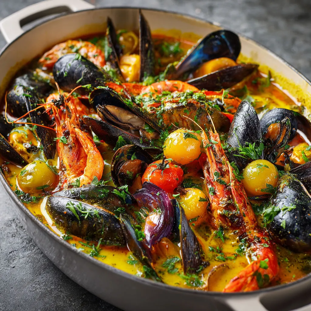 Marmite de fruits de mer au safran avec moules, palourdes et crevettes.