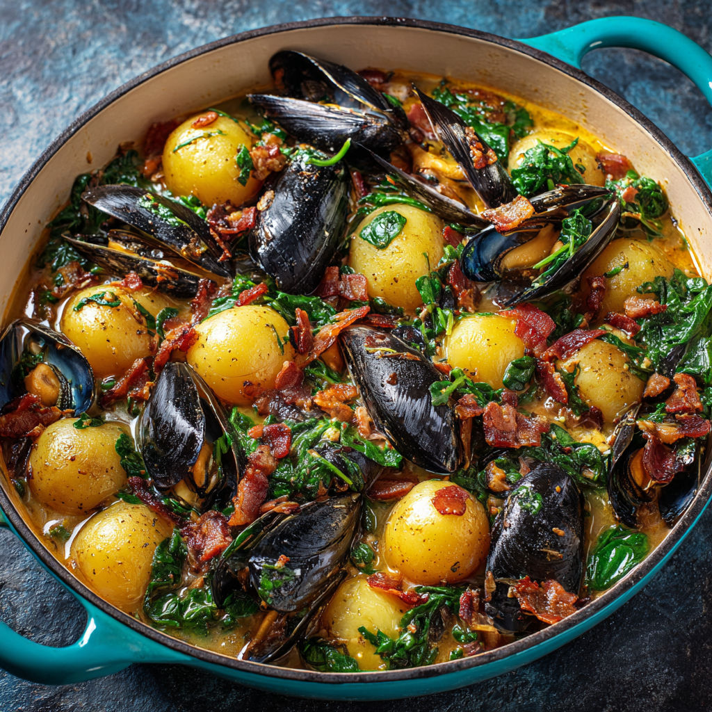 Plat savoureux de moules, pommes de terre, bacon et épinards mijotés.