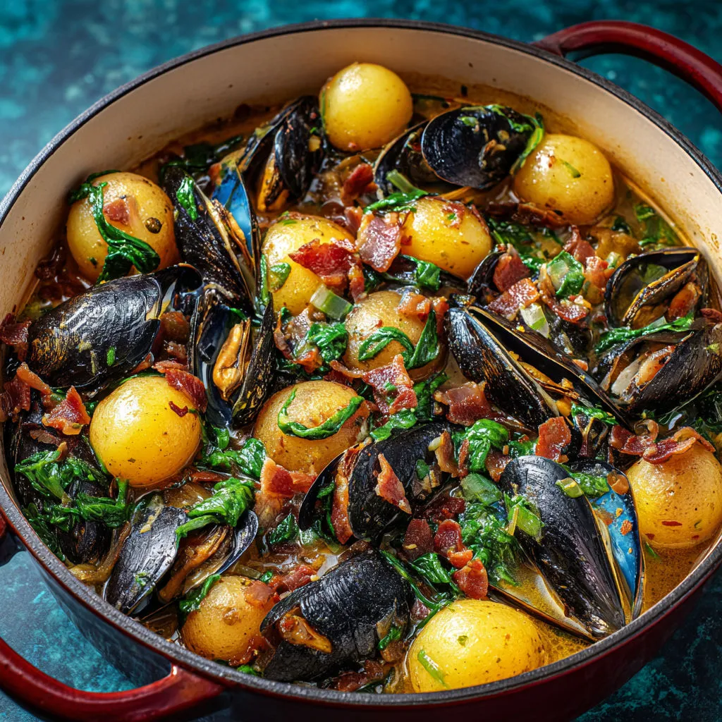 Cocotte rustique de moules, pommes de terre, lardons croustillants et cidre.