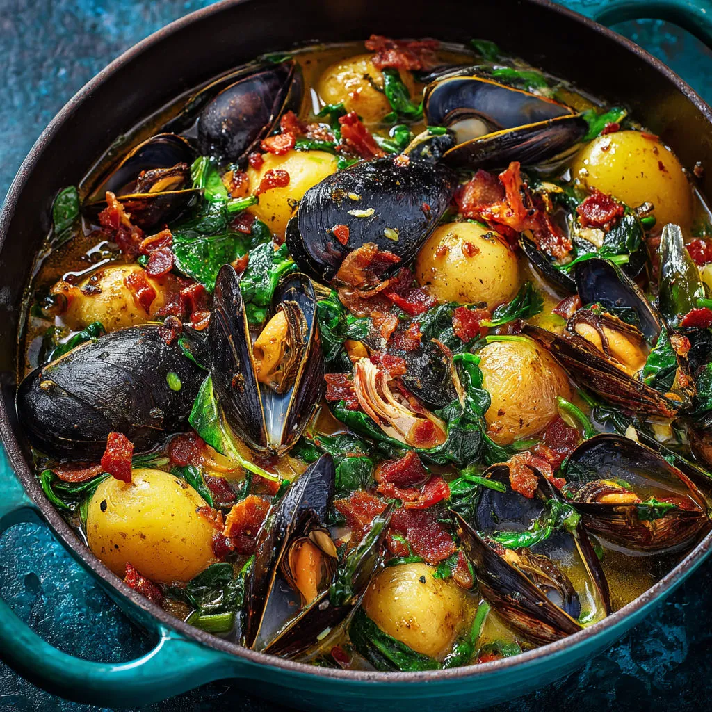 Moules mijotées, pommes de terre et épinards dans un bouillon au cidre.
