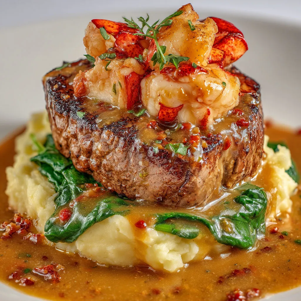 Terre-mer gourmet : filet mignon et homard nappés de sauce au vin blanc.