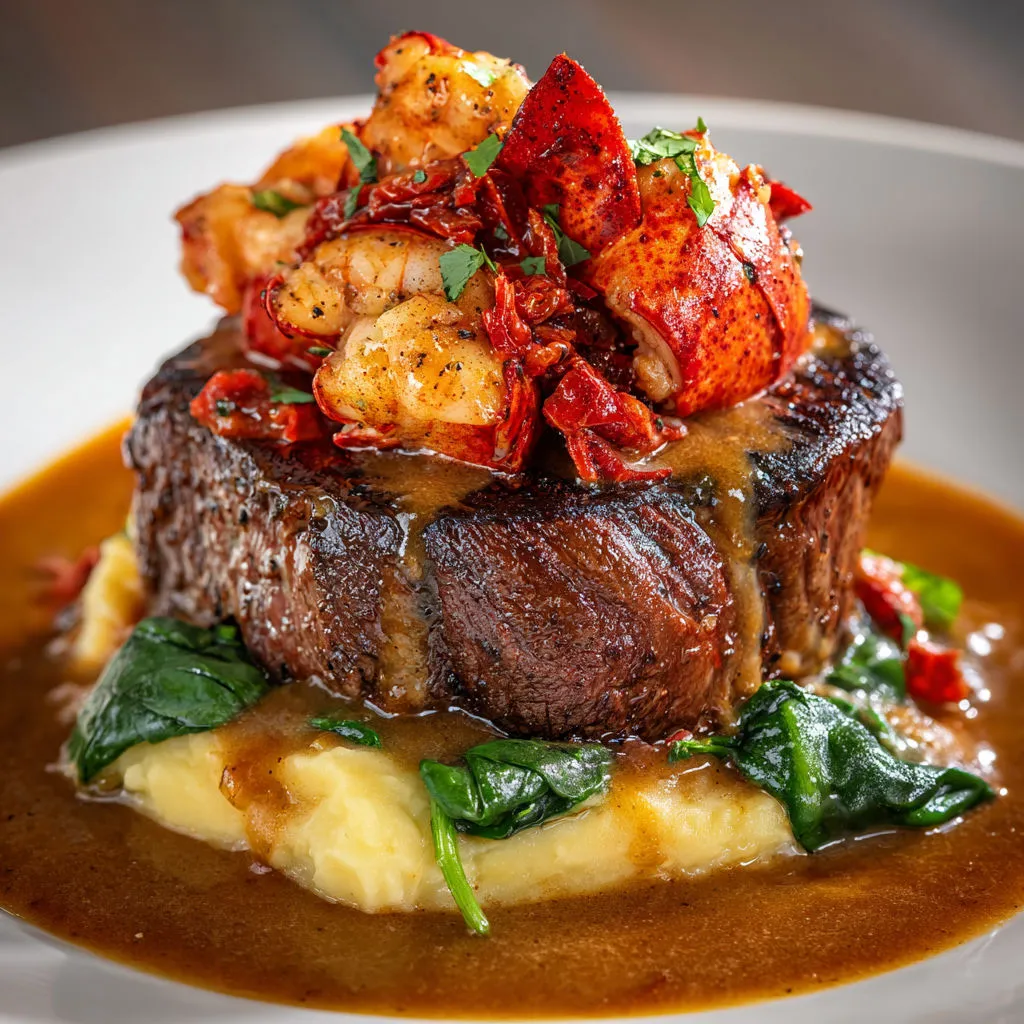 Duo terre-mer raffiné au homard, bœuf poêlé et sauce chorizo au vin blanc.