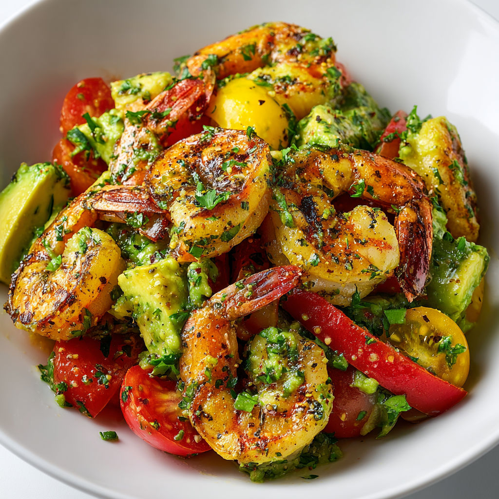 Un plat avec des crevettes grillées et une salade riche en couleurs, contenant avocat, tomates et herbes fraîches.