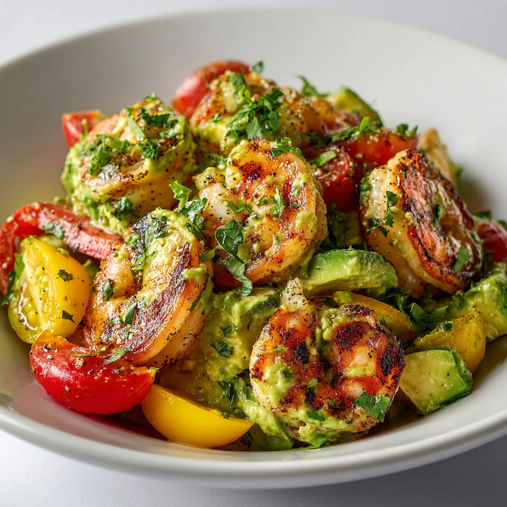 Plat de crevettes grillées barbecue avec salade fraîche avocat, citron vert et coriandre.