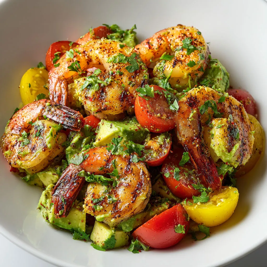 Assiette de salade avocat crevettes grillées, sauce citron vert et légumes colorés.