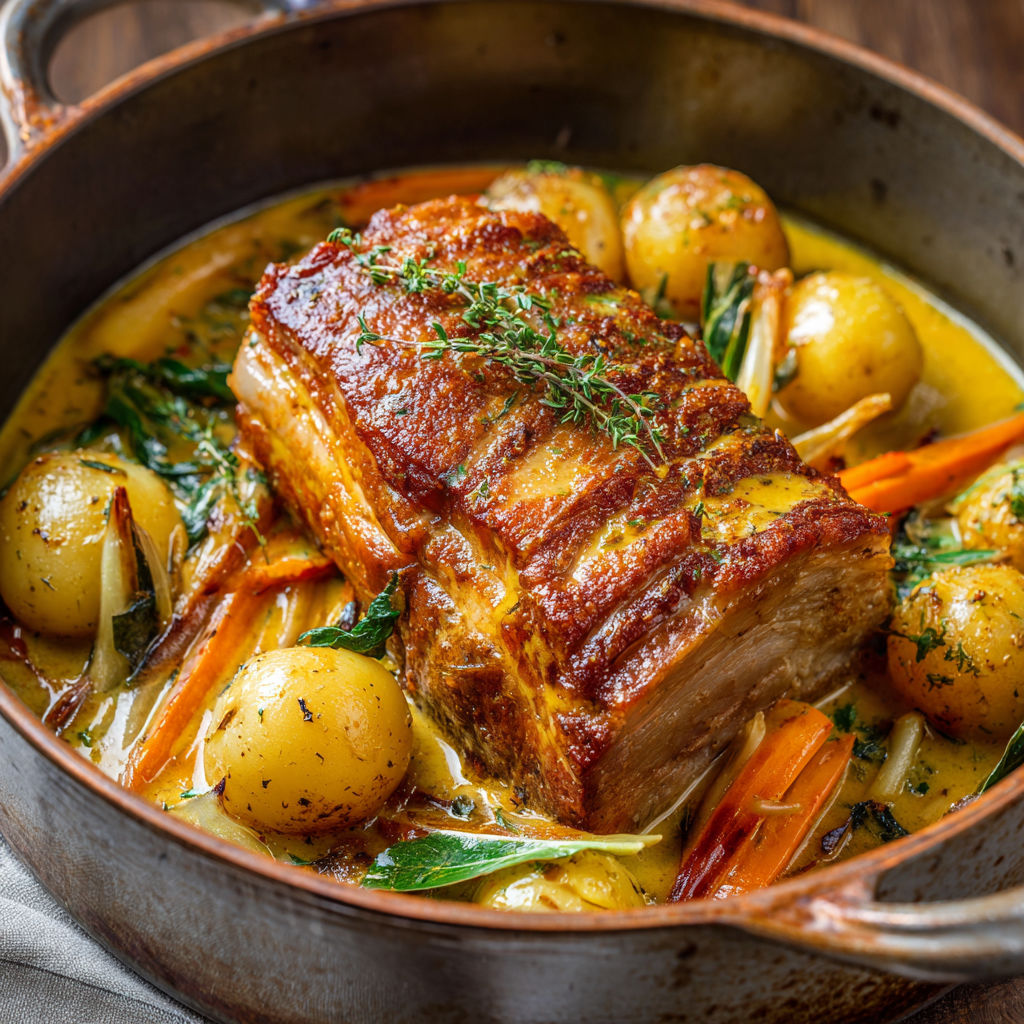 Rôti de cochon avec sauce onctueuse et légumes croquants.