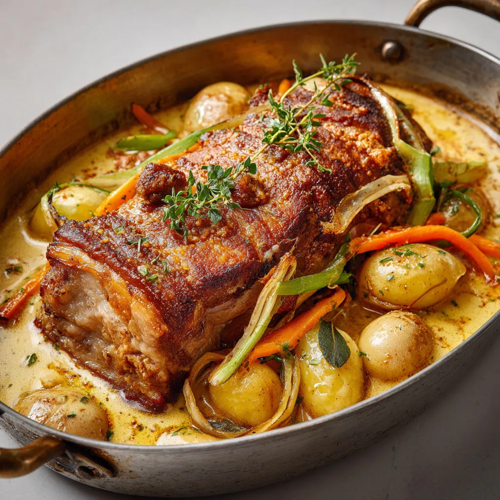 Cochon de lait fondant à la moutarde à l’ancienne, légumes en julienne doux.