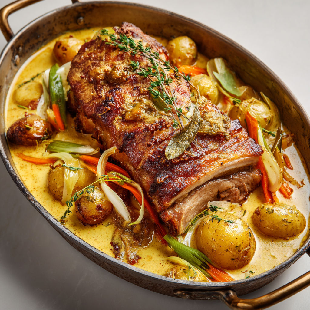 Porcelet mijoté au vin blanc, moutarde à l'ancienne et légumes fondants en julienne.