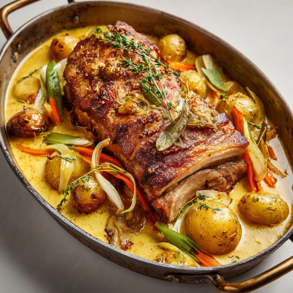 Porcelet mijoté au vin blanc, moutarde à l'ancienne et légumes fondants en julienne.
