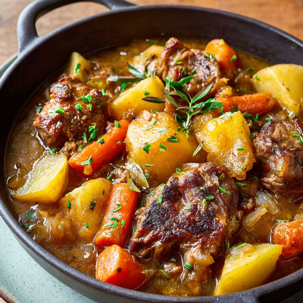 Plat d’agneau fondant mijoté aux légumes rustiques et parfumé.