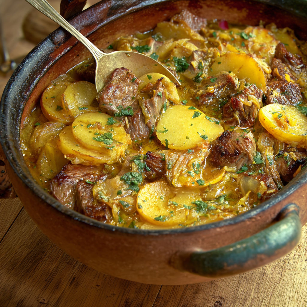 Bol rond contenant une soupe épicée au bœuf et légumes.