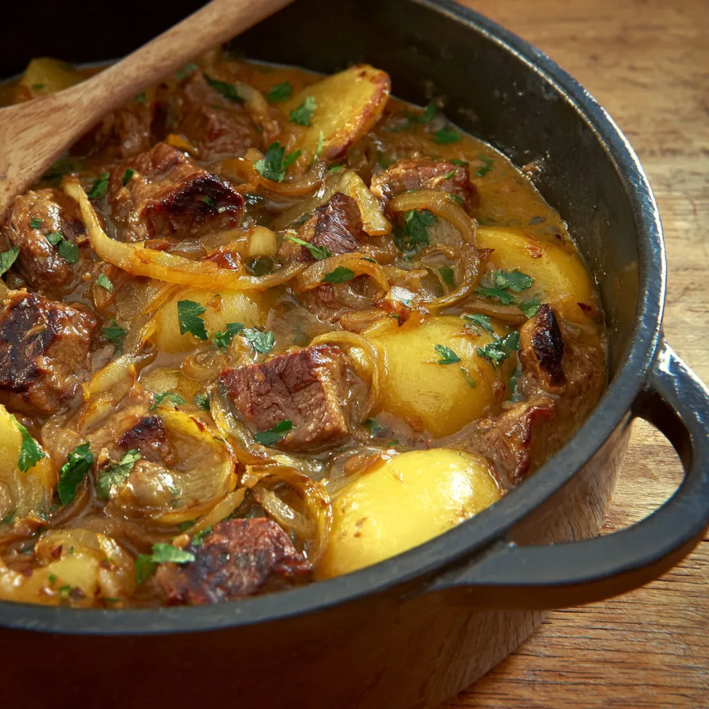 Cocotte d’agneau façon baeckeoffe, pommes de terre et épices douces pour un plat chaleureux.