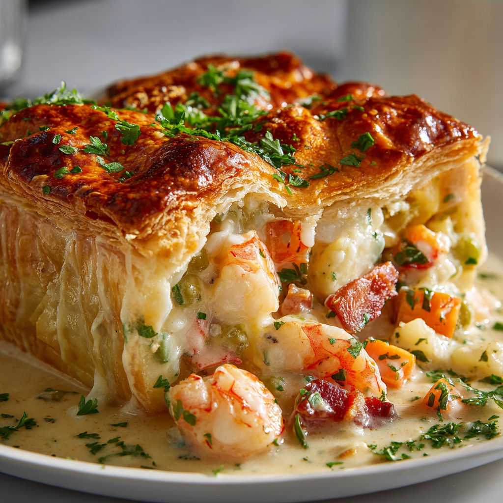 Délicieuse tourte marine des îles Madeleine, farcie de fruits de mer et recouverte de pâte croquante.