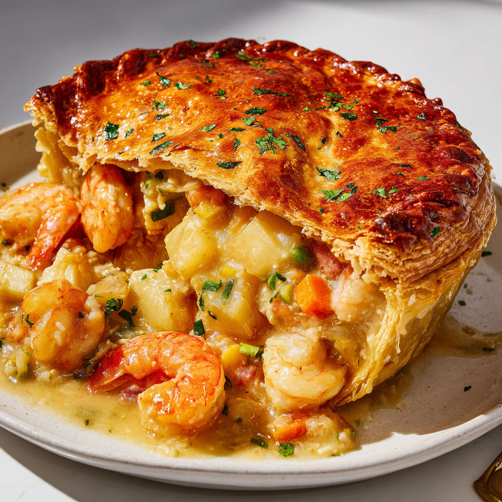 Tourte canadienne aux fruits de mer : morceaux de homard, crevettes et pétoncles sous croûte dorée.