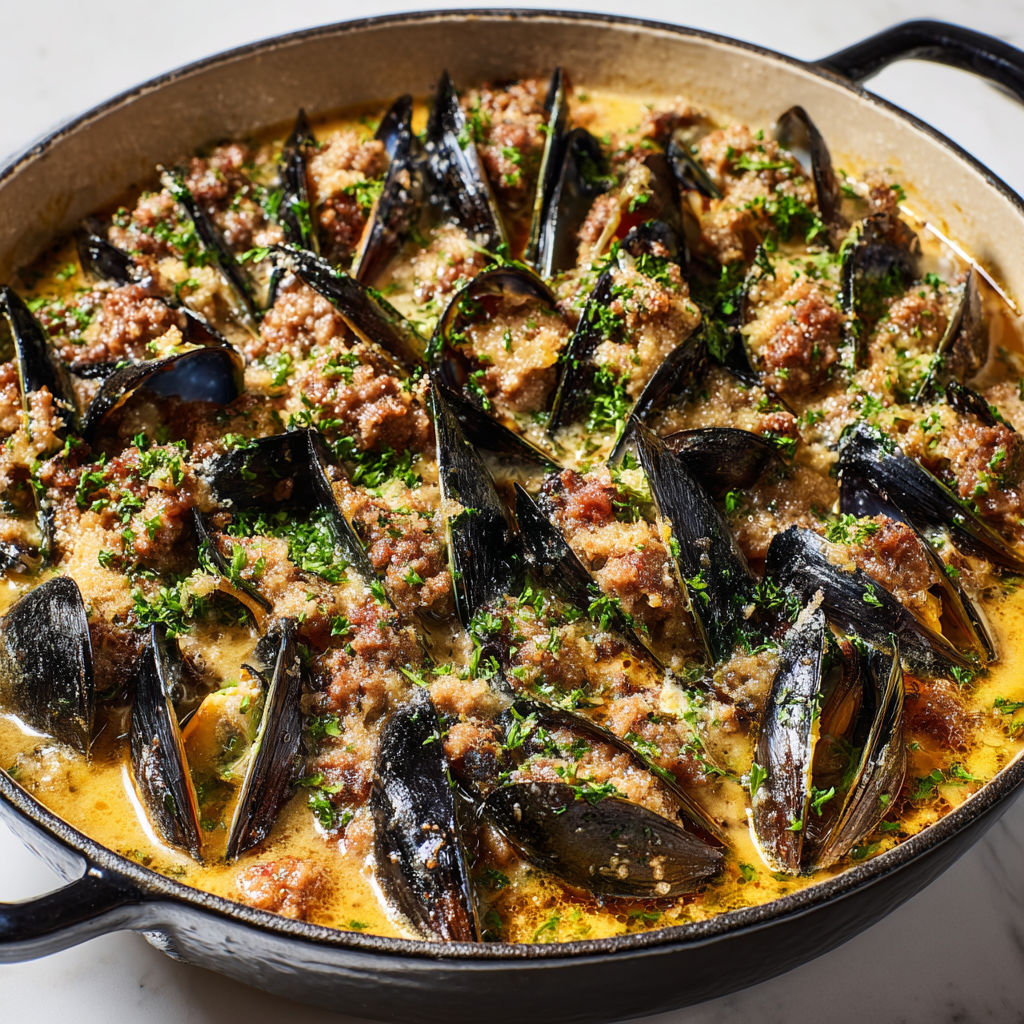 Casserole de moules mélangées à de la saucisse, du persil et des légumes frais.