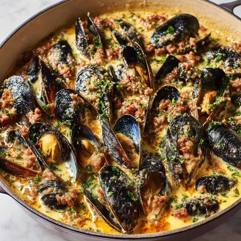 Moules ultra gourmandes avec saucisse, jambon cru et sauce au vin blanc.