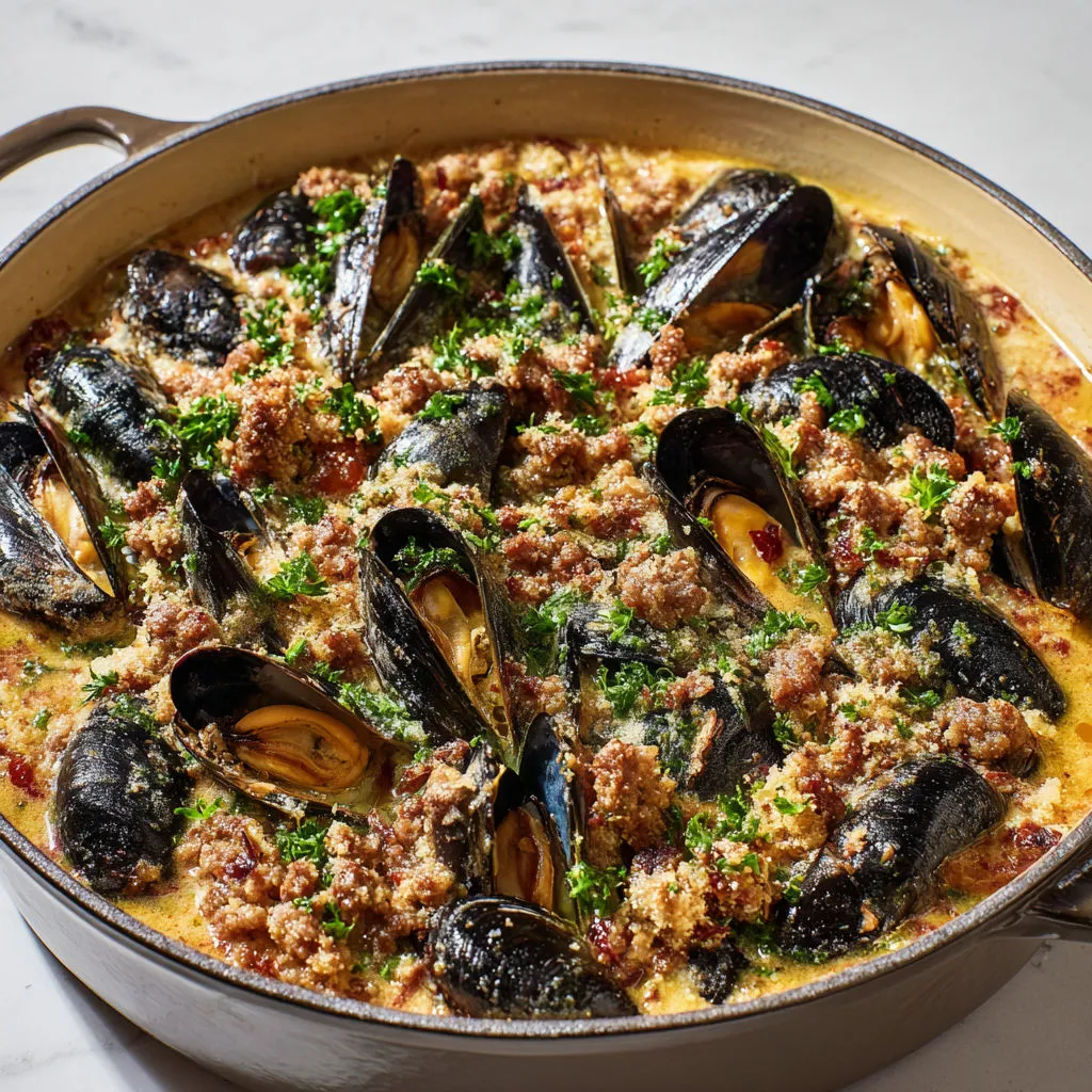 Cocotte rustique avec moules, saucisse, chapelure dorée et sauce au vin blanc.