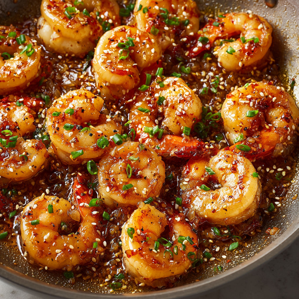 Crevettes au miel avec sésame grillé, inspiration asiatique.