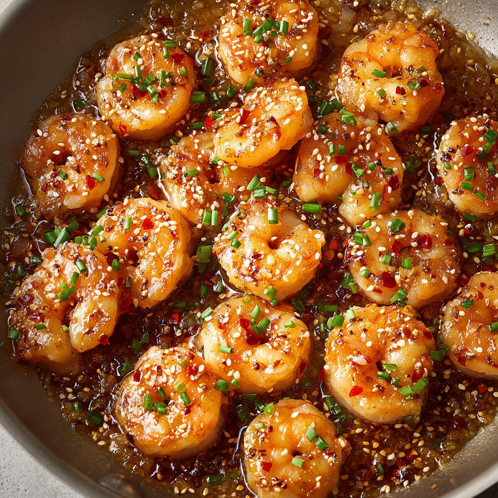 Crevettes miel sésame sautées dans une sauce brillante sucrée-salée.