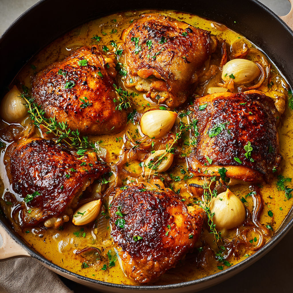 Cuisses de poulet dorées à l'érable, ail et vin blanc dans un bol.