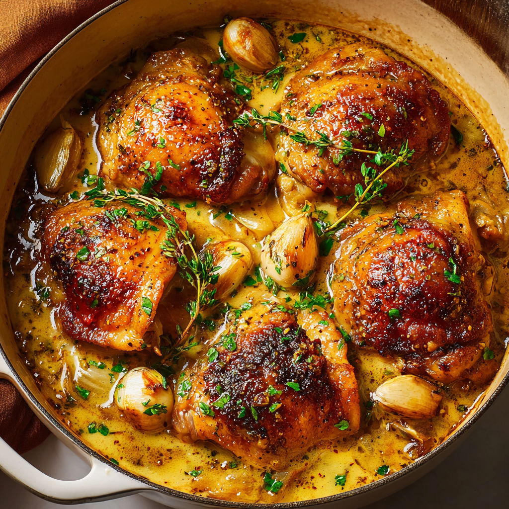Cuisses de poulet caramélisées à l’érable, ail fondant et sauce vin blanc.