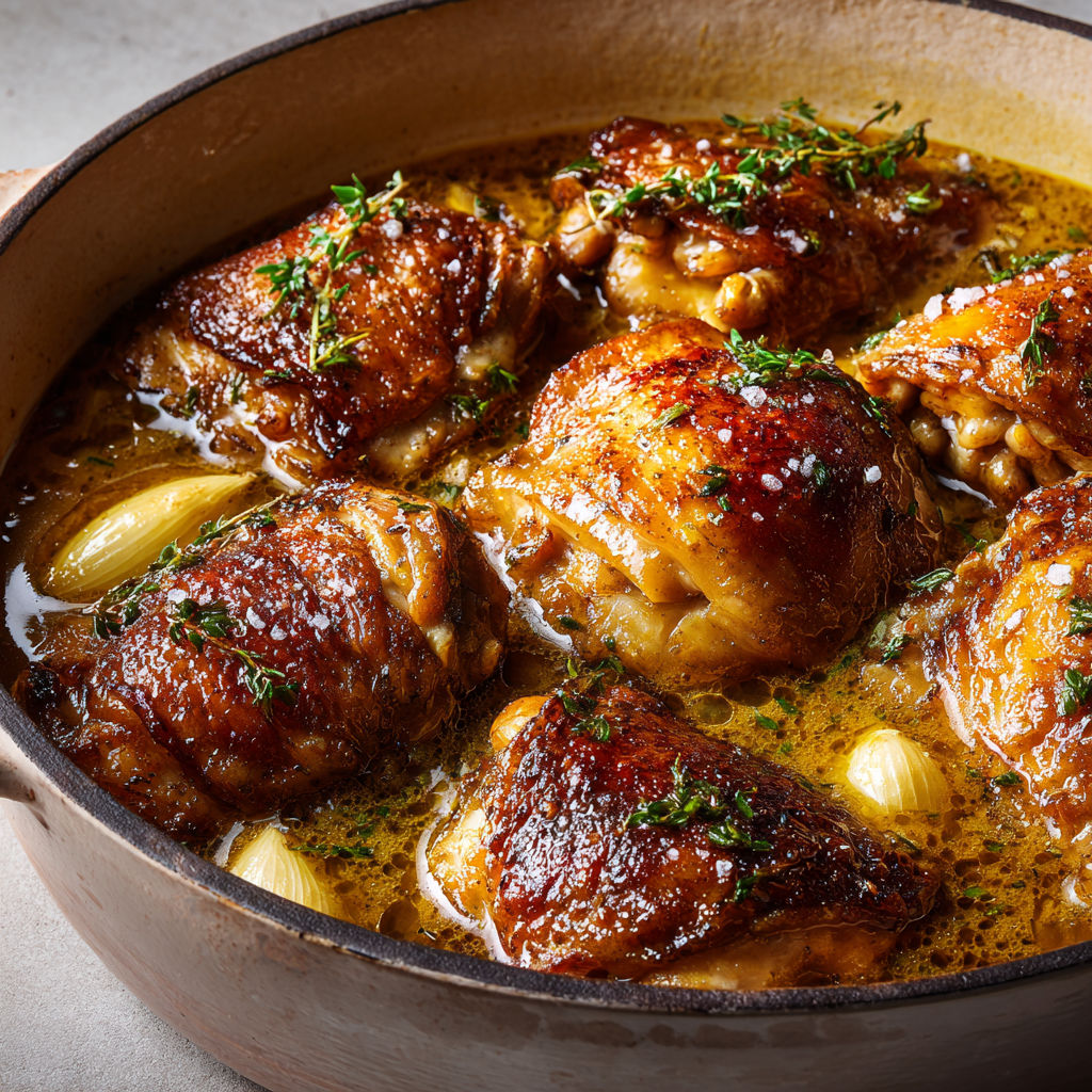 Poulet doux mijoté à l’érable et moutarde, lentement cuit au vin blanc.