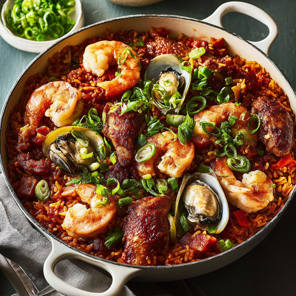 Plat généreux avec riz, crevettes, poulet et saveurs cajun