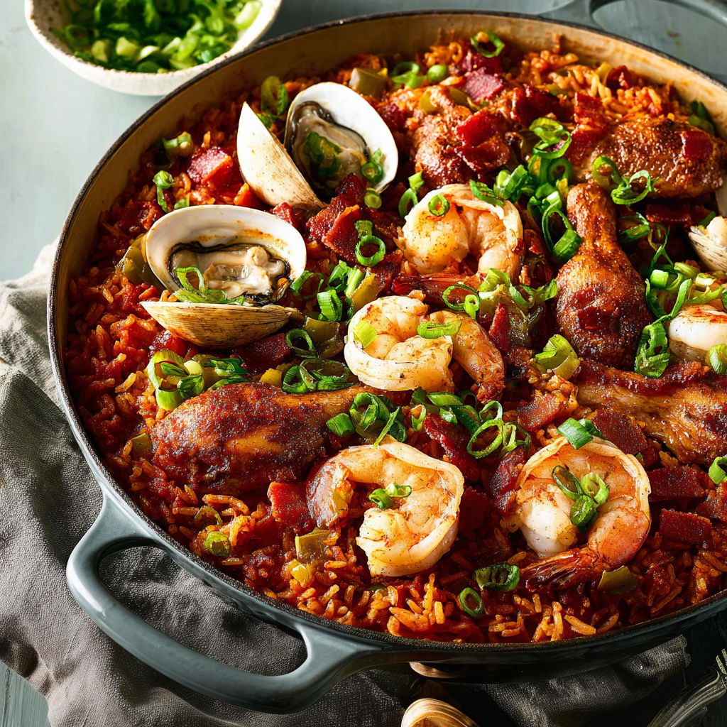 Jambalaya cajun avec crevettes, poulet doré et lard fumé.