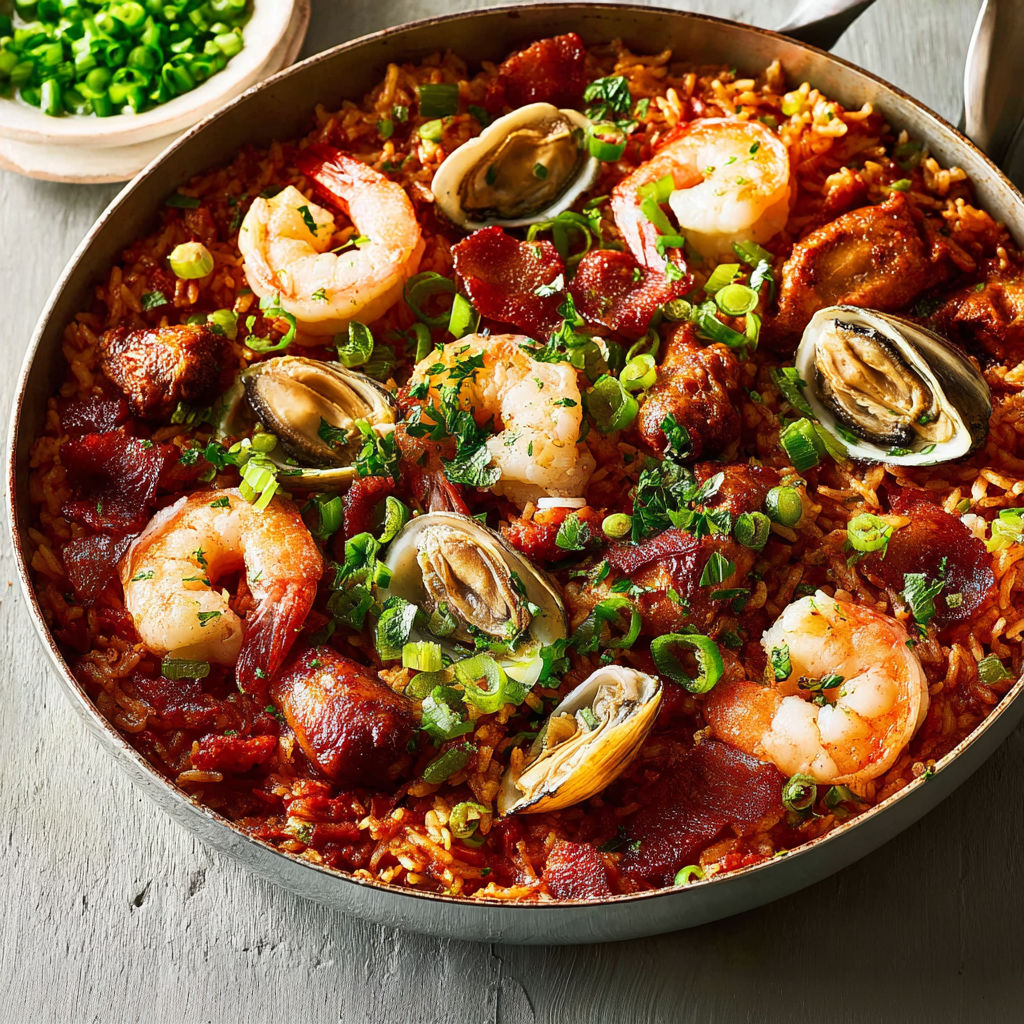 Jambalaya épicé façon Louisiane avec fruits de mer et légumes cuits tout doux.