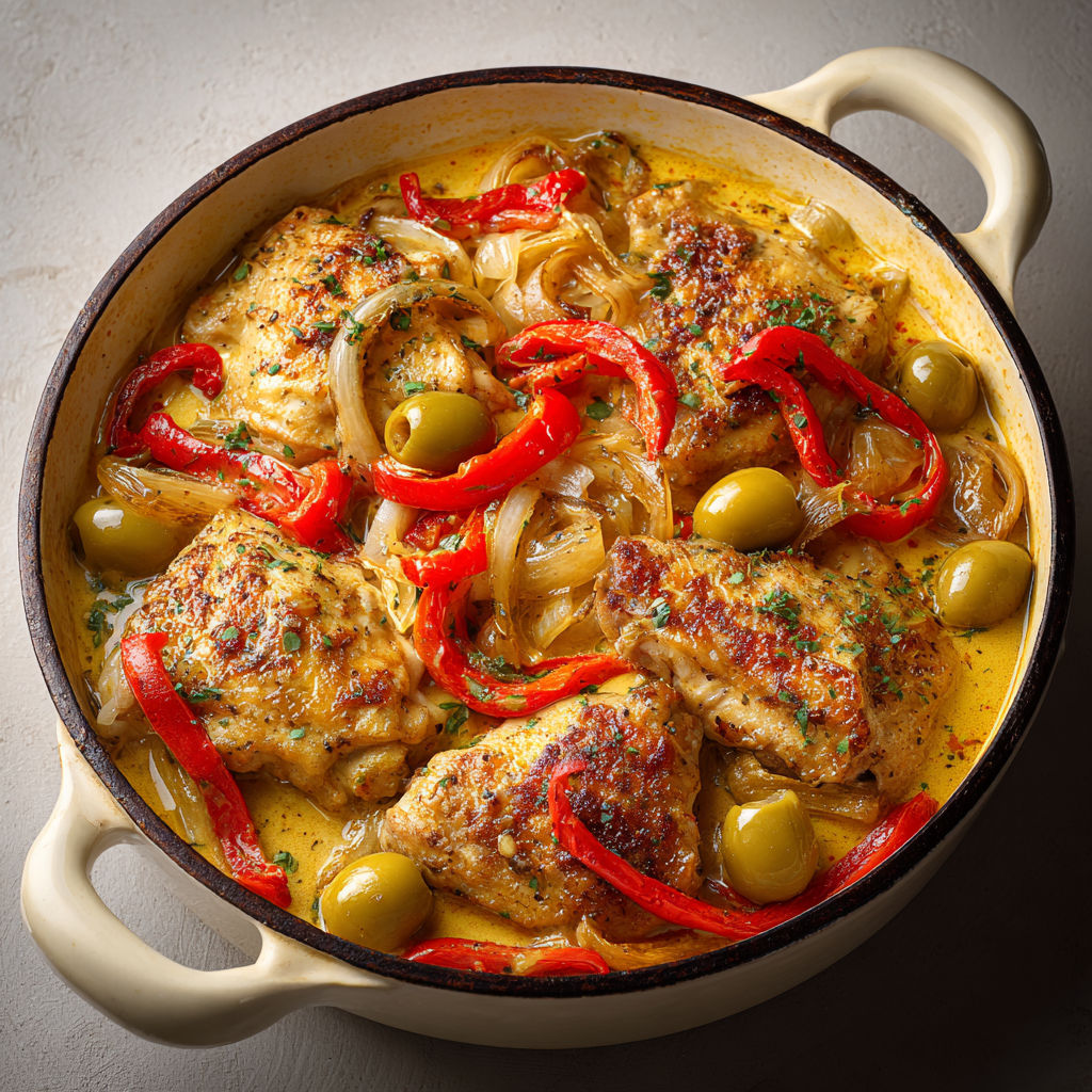 Plat mijoté de poulet tendre avec olives et poivrons grillés.
