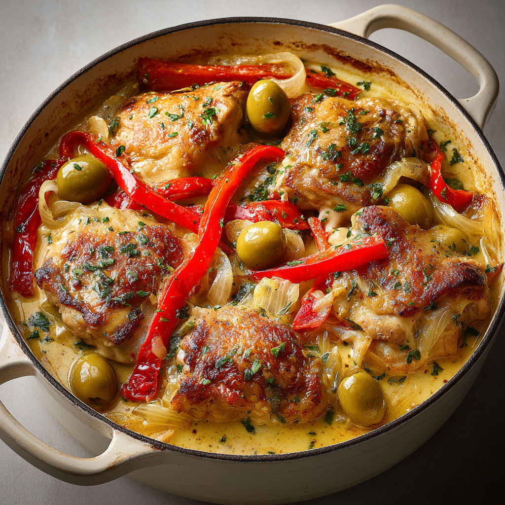 Plat de poulet tendre, olives vertes et poivrons, sauce crémeuse à la moutarde.