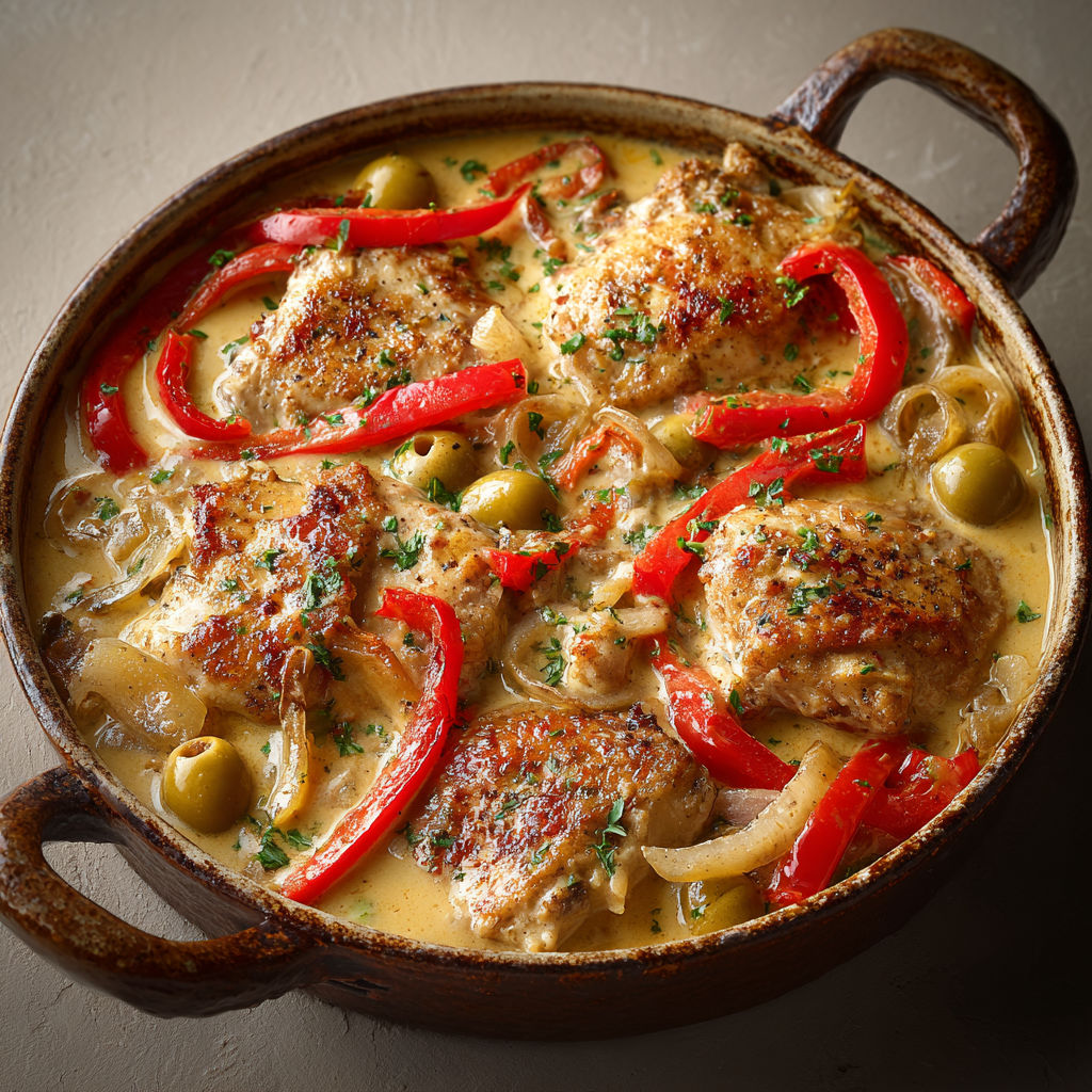 Poulet juteux, mijoteuse, poivrons rouges et olives en sauce parfumée.