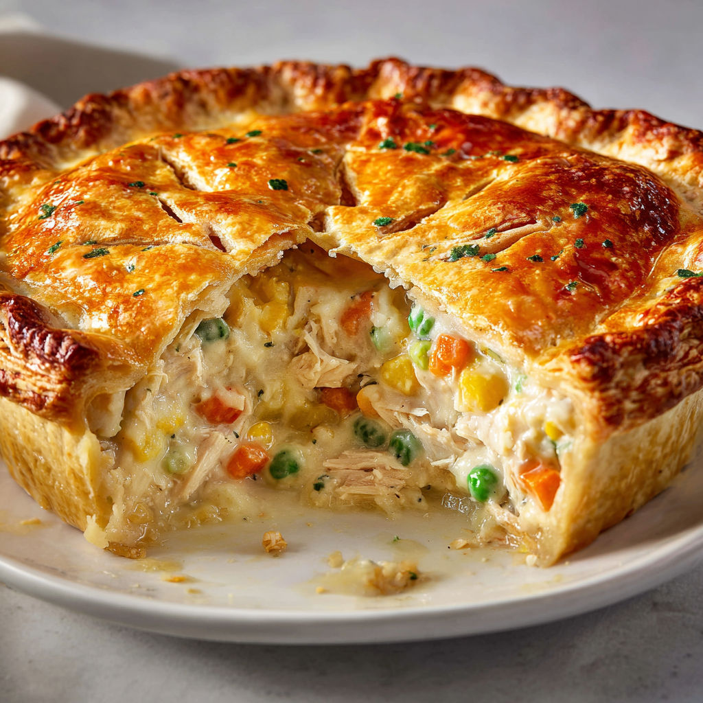 Tourte maison au poulet à l’ancienne, sauce crémeuse aux légumes, pâte dorée.