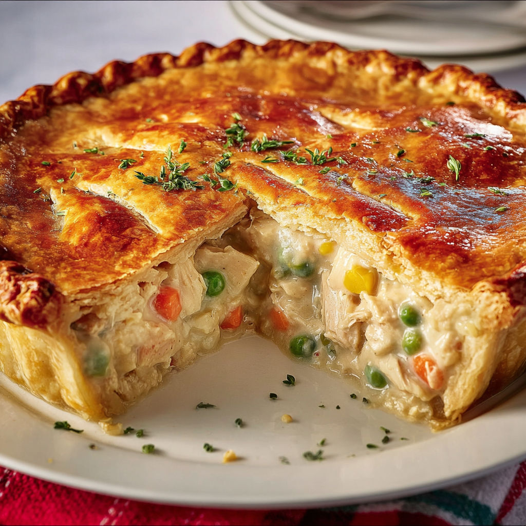 Tourte poulet dorée, garniture crémeuse aux légumes et morceaux tendres de poulet.