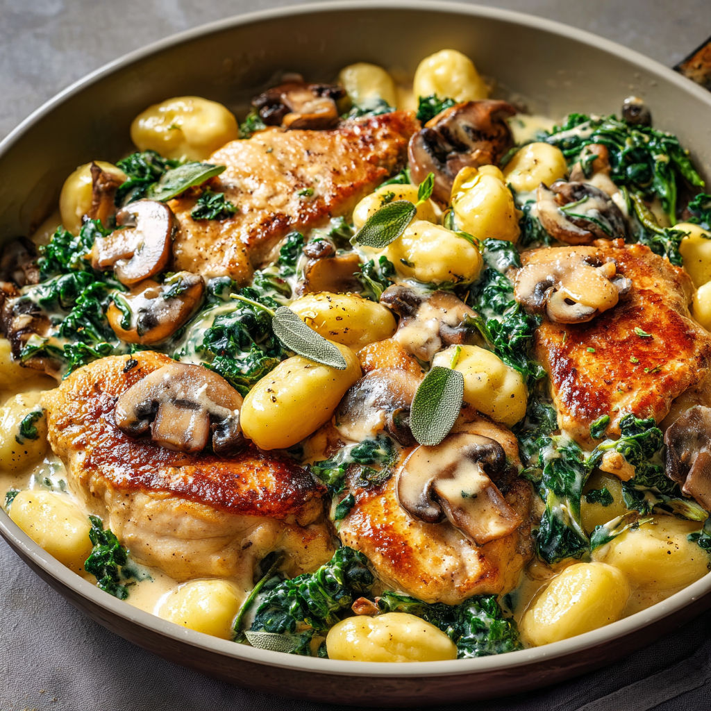 Un mélange délicieux de poulet, gnocchis, kale et sauce champignons servi dans un joli plat.