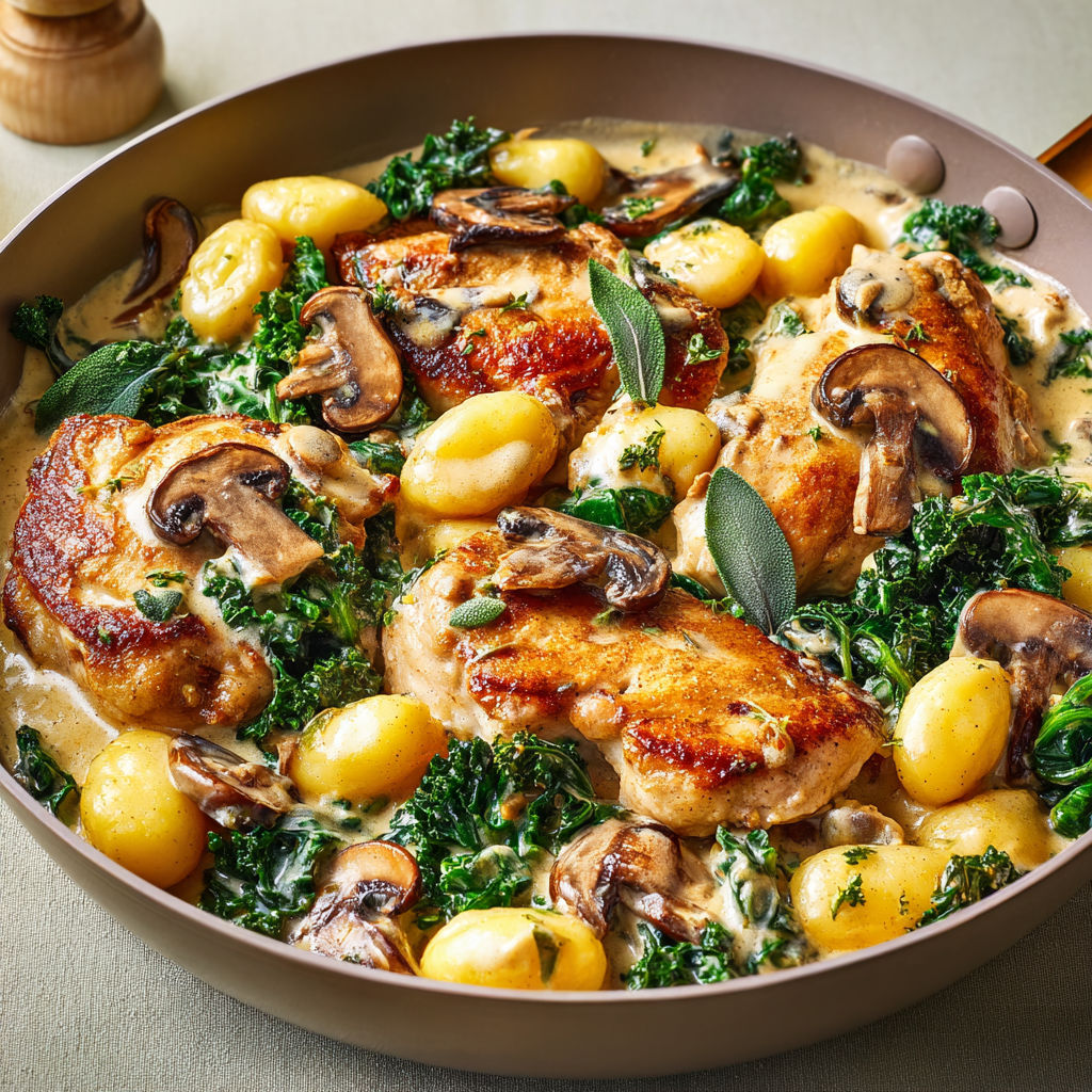 Gnocchis ultra crémeux avec poulet champignons kale et sauge.