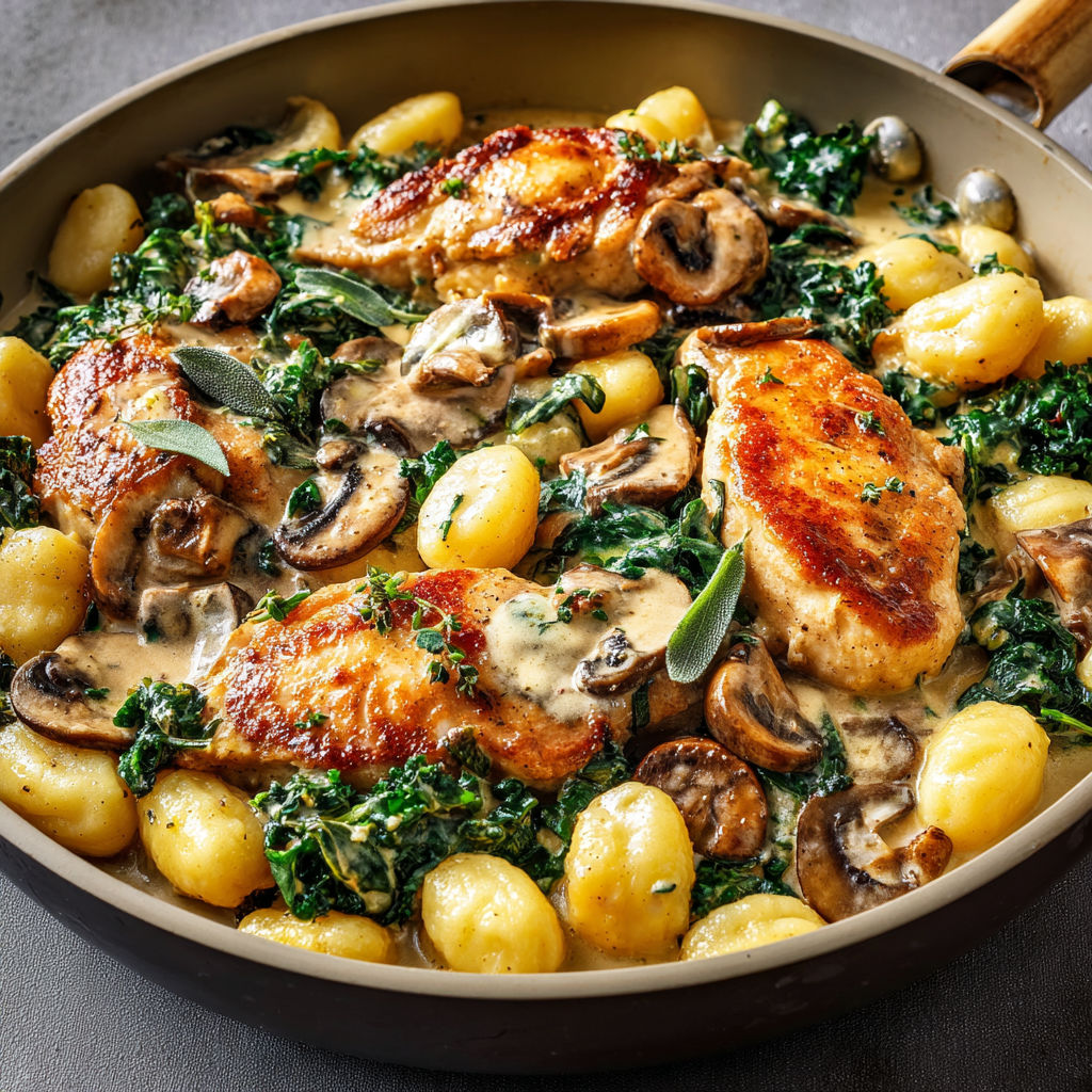 Grosse poêlée de poulet gnocchis kale et sauce crémeuse à la sauge.