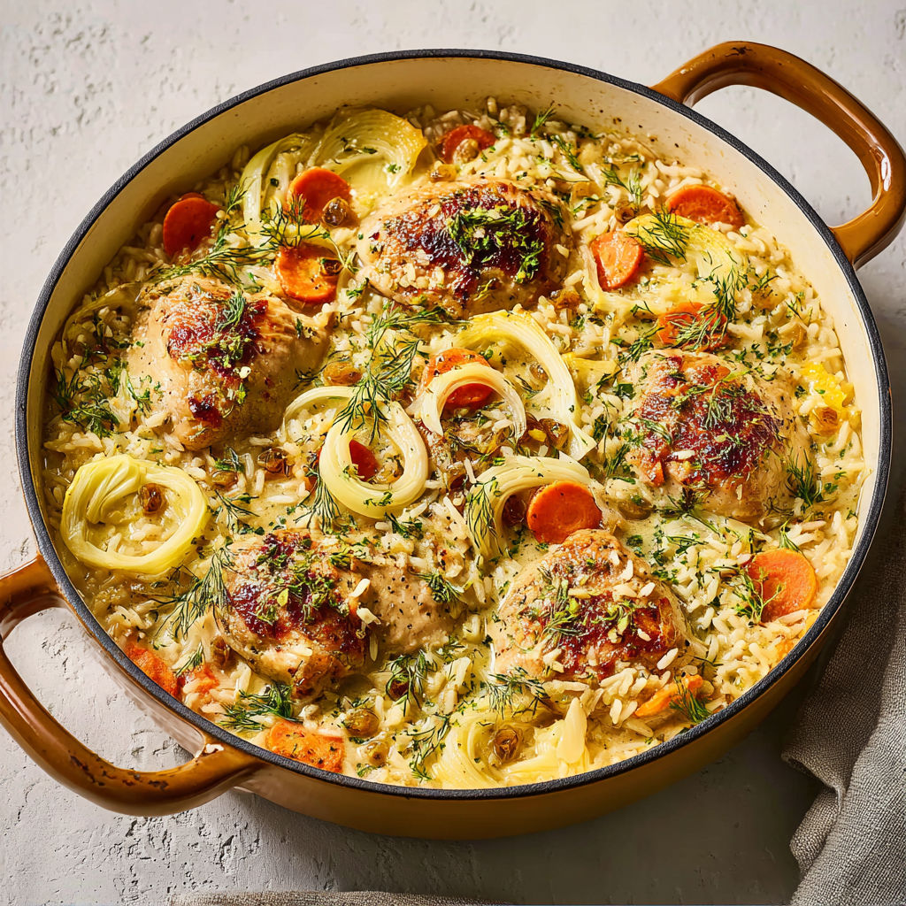 Délicieux mélange de poulet mijoté avec du riz brun et du fenouil.